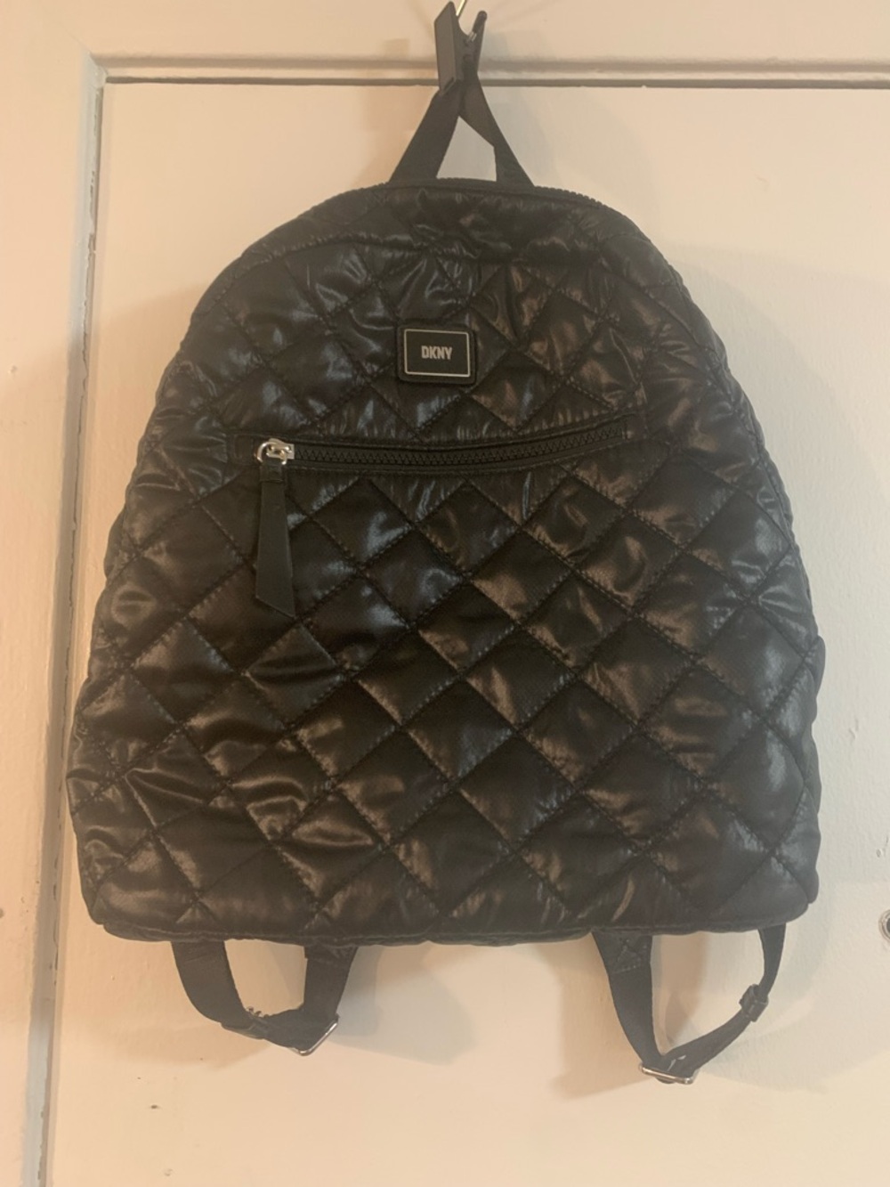 DKNY Black Quilted Nylon Backpack with Logo Plaque